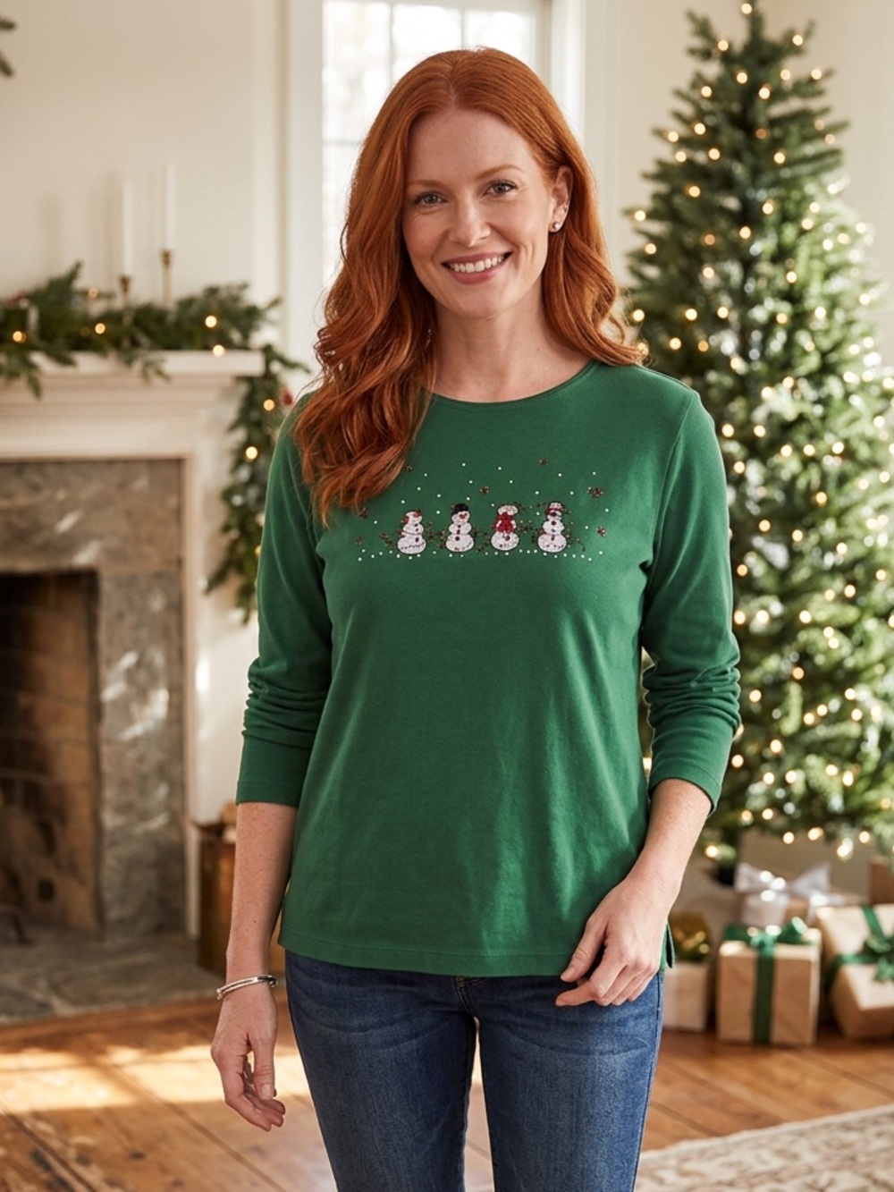 Classic Elements Green Snowman Christmas Holiday Graphic Top – Size Medium